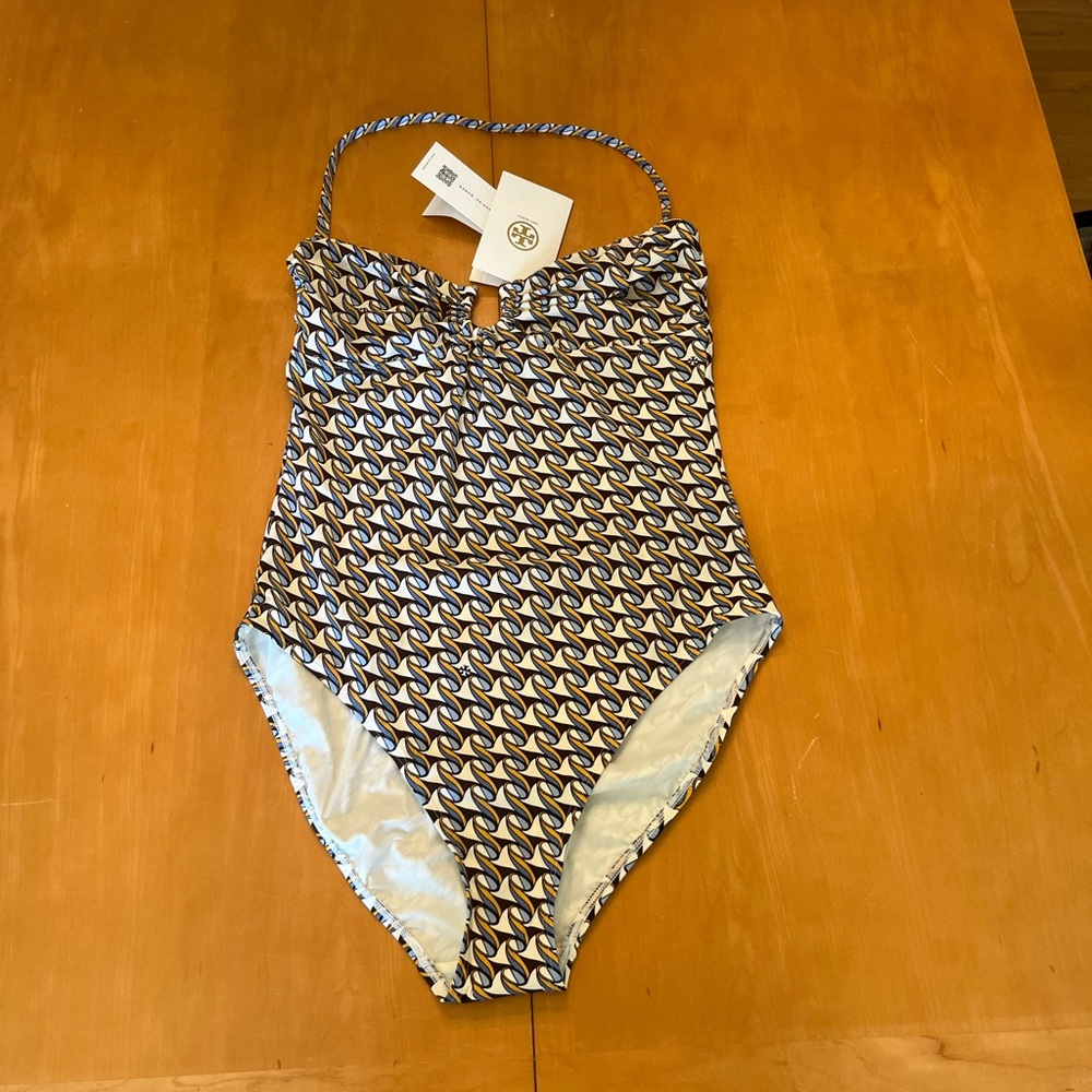 Tory Burch Printed Bandeau One Piece French Cream Ribbon Wave